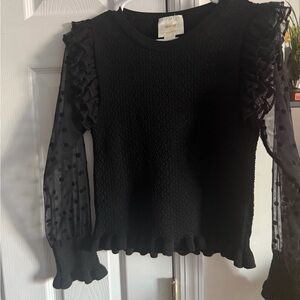 Anthropologie Maeve Black Textured Top with Sheer Polka Dot Sleeves